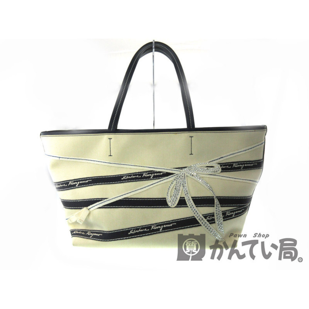 FERRAGAMO Tote Bag Canvas Leather Beige Navy Blue Rion